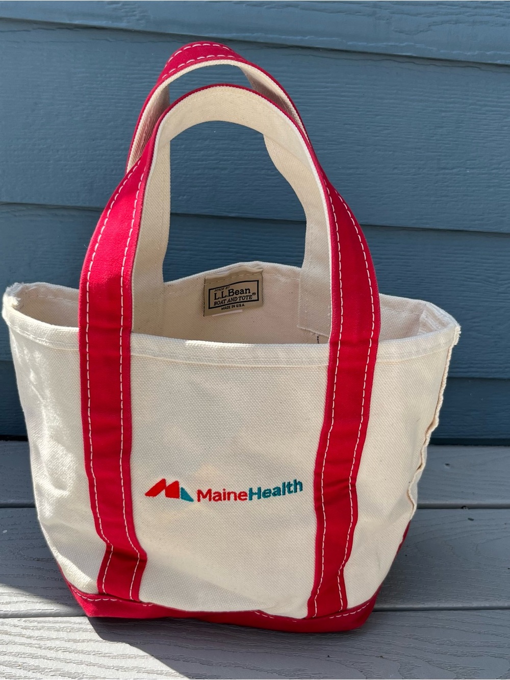 LL Bean Boat and Tote Bag Red Trim Canvas Small Maine Health Made USA
